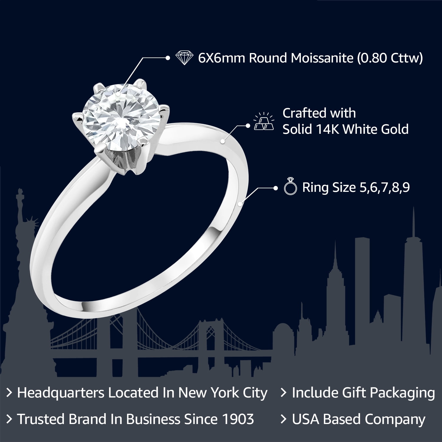 Gem Stone King 14K White Gold White Moissanite Solitaire Engagement Ring for Women | 0.80 Cttw | Round 6MM | Gold Ring for Women | Wedding Engagement Anniversary Promise Ring for Women | Size 8