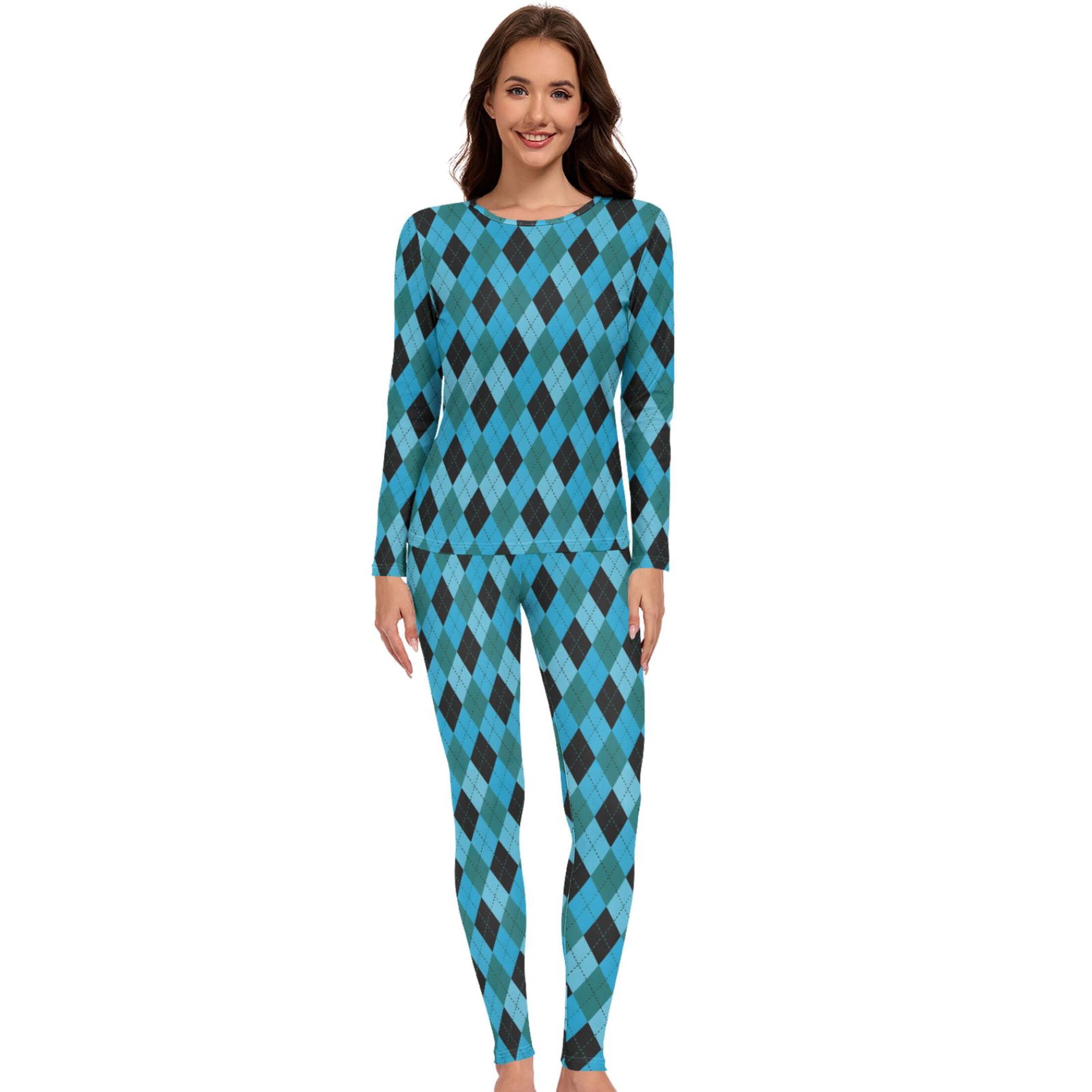 Women Blue Black Green Checkered Thermal Underwear Set 2 Piece Base Layer Large