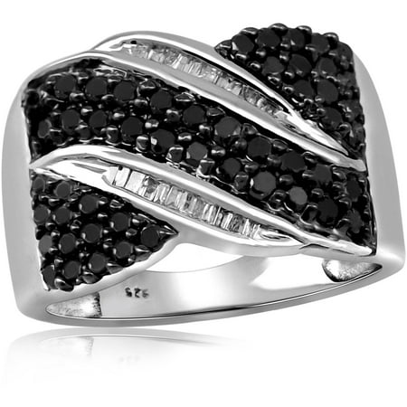 JewelersClub 1.00 CTW Round & Baguette cut Black & White Diamond Band Sterling Silver Ring