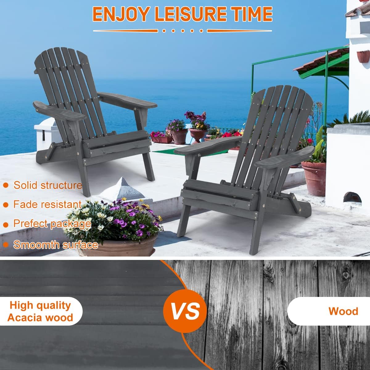 Dkelincs Folding Adirondack Chair Set of 2 Weather Resistant Patio Lawn Chair Wooden Outdoor Chairs for Garden Backyard, Grey