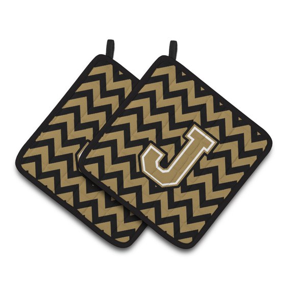 Letter J Chevron Black and Gold Pair of Pot Holders