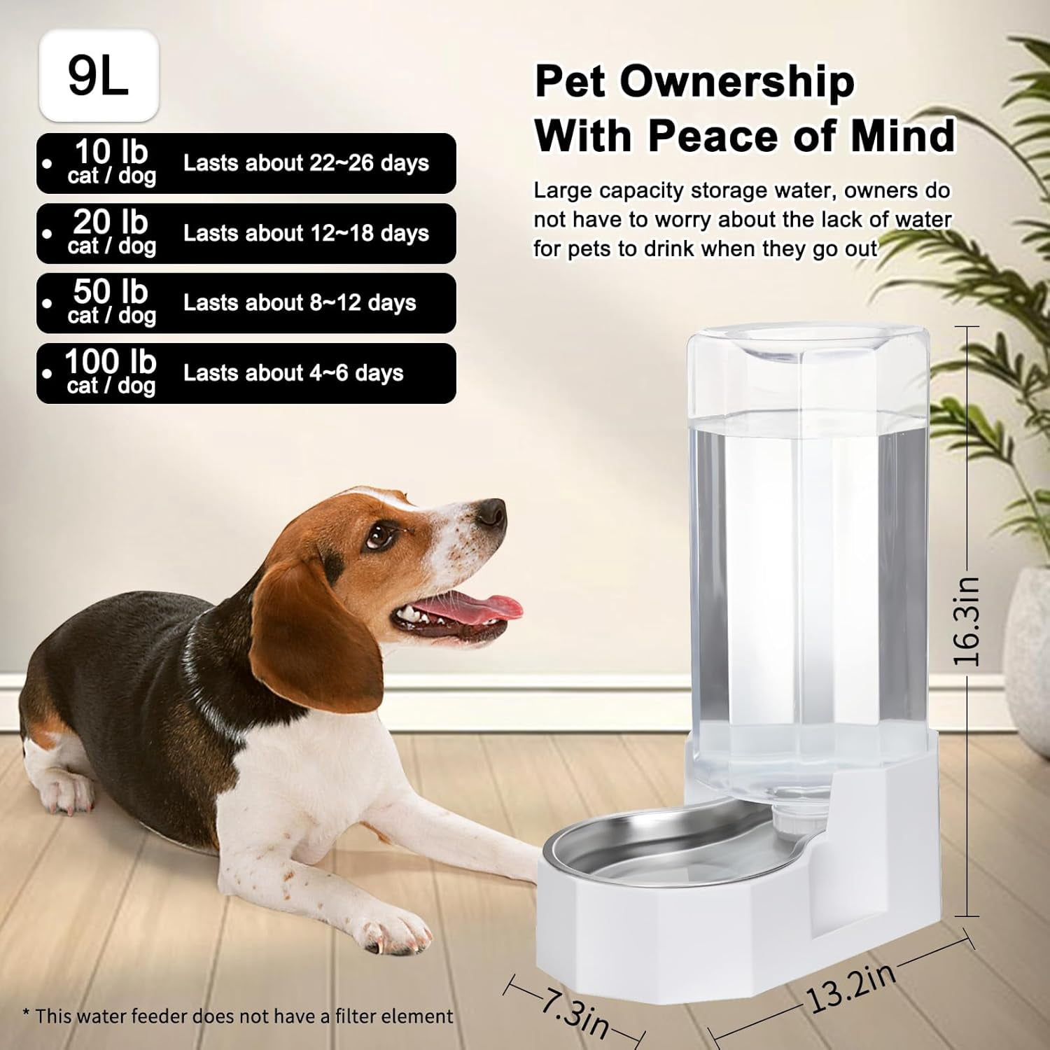 RIZZARI White 9L Automatic Pet Water Dispenser -  Stainless Steel Gravity Pet Feeder for Dogs and Cats Large Capacity
