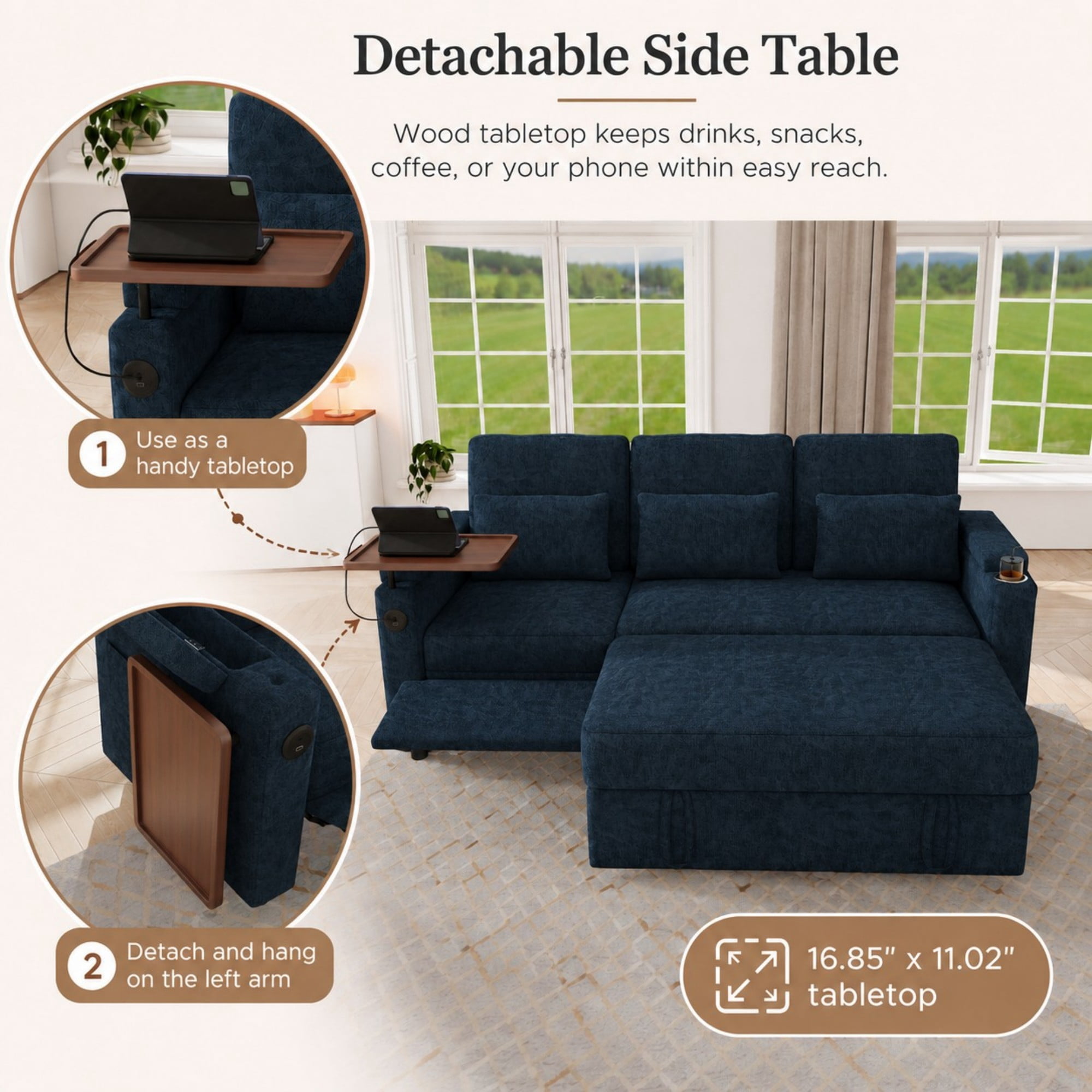 DEALTOPS 81" Chenille Pull-Out Sleeper Sofa Bed with Recliner, Tray Table, USB Ports & Storage, Blue