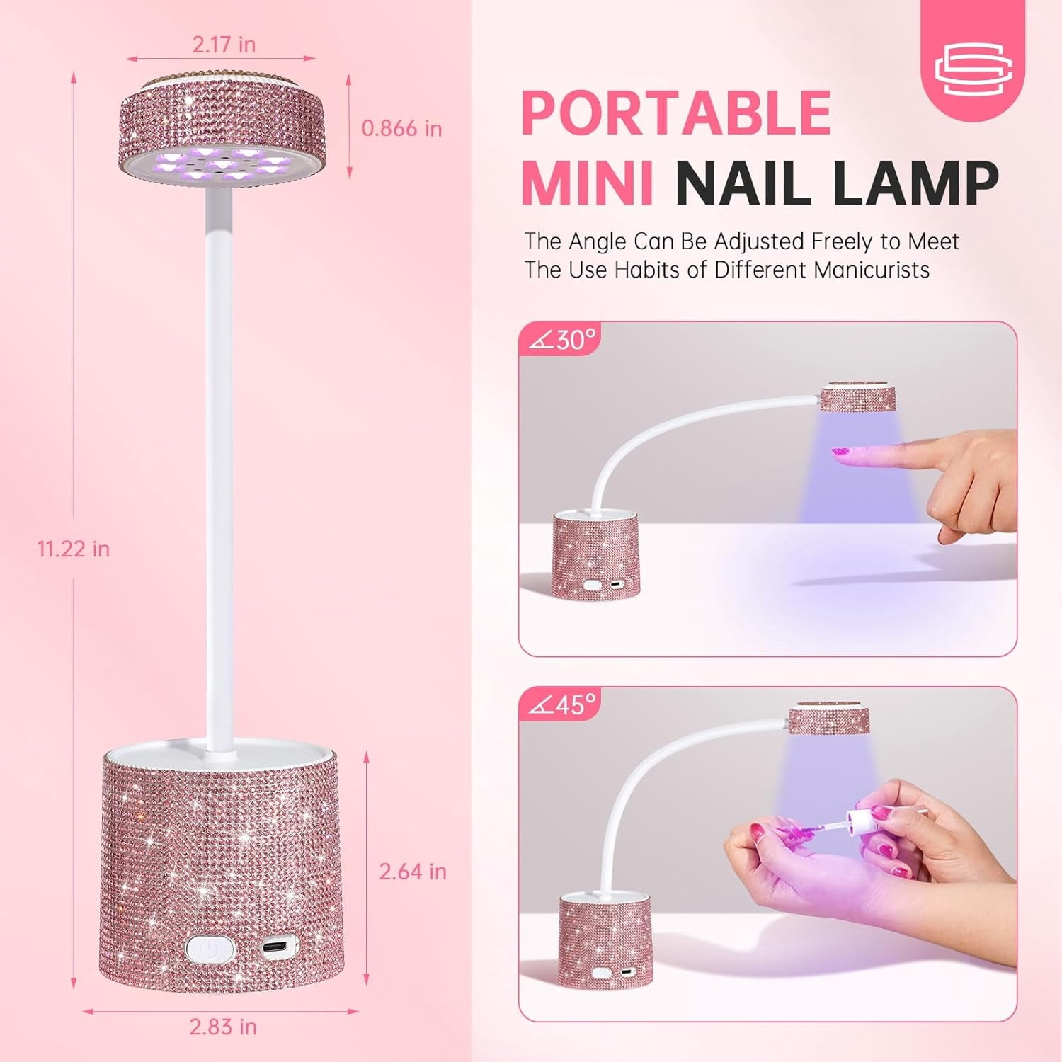 UV LED Nail Lamp, Mini UV Light for Gel Nails Polish, Rechargeable LED Flash Cure Nail Dryer, Quick Drying Goosenecks UV Nail Lamp for Home Nail Salon DIY Manicure, AB Diamond,Rose Red Sticky Diamond