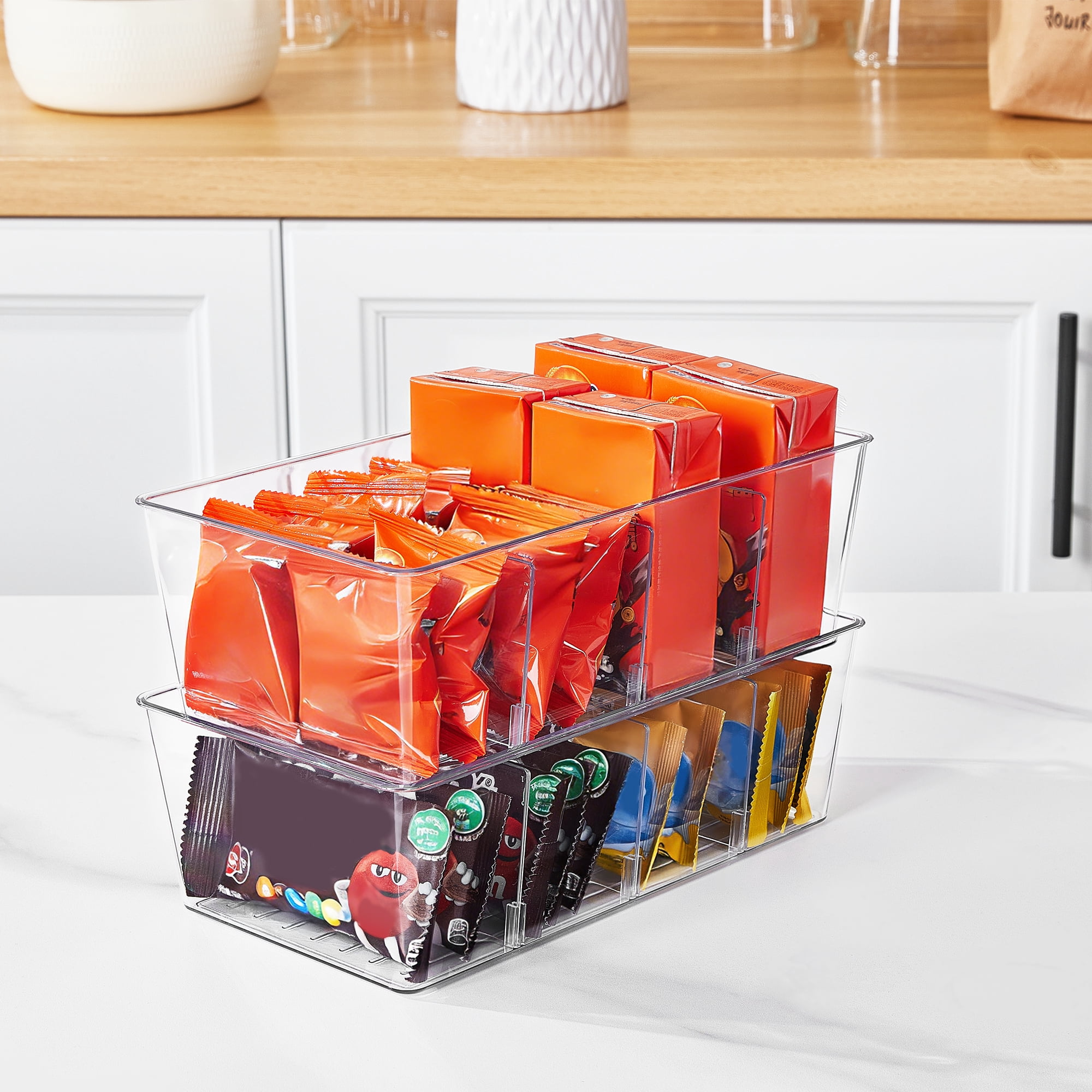 Sindcom 6 Pack Food Storage Organizer Bins, Clear Plastic Bins for Pantry, Kitchen, Fridge, Cabinet Organization and Storage, 4 Compartment Holder Packets, Snacks, Pouches, Spice Packets