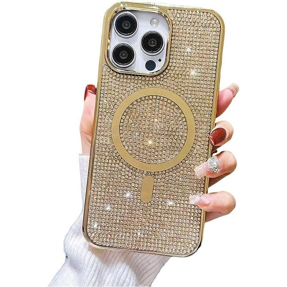Designed for iPhone Case,Luxury Sparkling Diamond Cover Glitter Shiny Rhinestone (Compatible with Magsafe) Shockproof Protective Cover Phone Case (iPhone 15,Gold)
