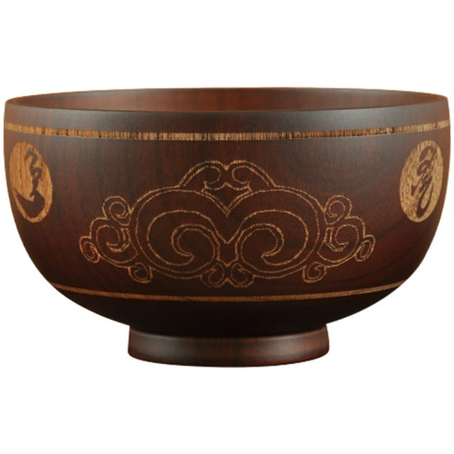 MasteelfCA 1PC Wooden Bowl Vintage Style Carving Pattern Salad Rice Bowl Soup Bowl