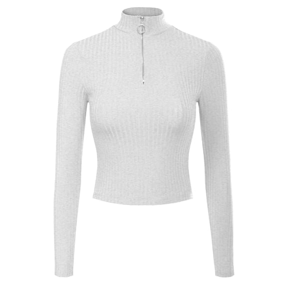 MixMatchy Women's Solid Long Sleeve Half Zip Up Mock Neck Ribbed Detail Sweater