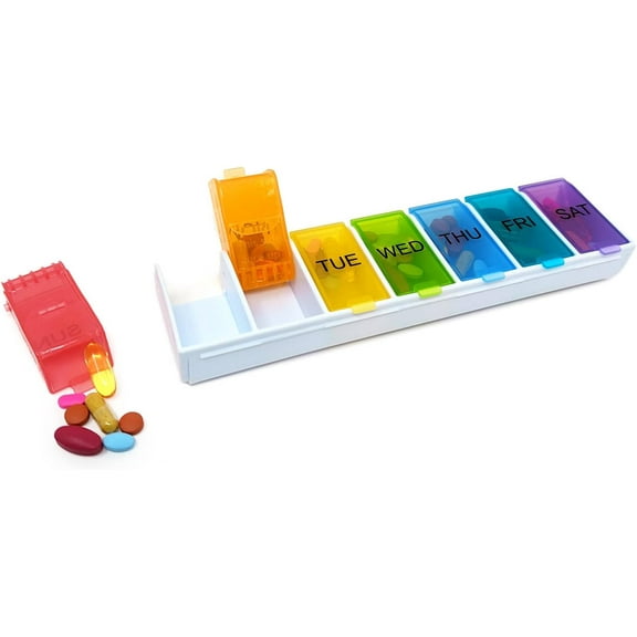 Pill Thing Weekly Pill Organizer, Large Compartments, 7 Day Rainbow Detachable Case for Medications