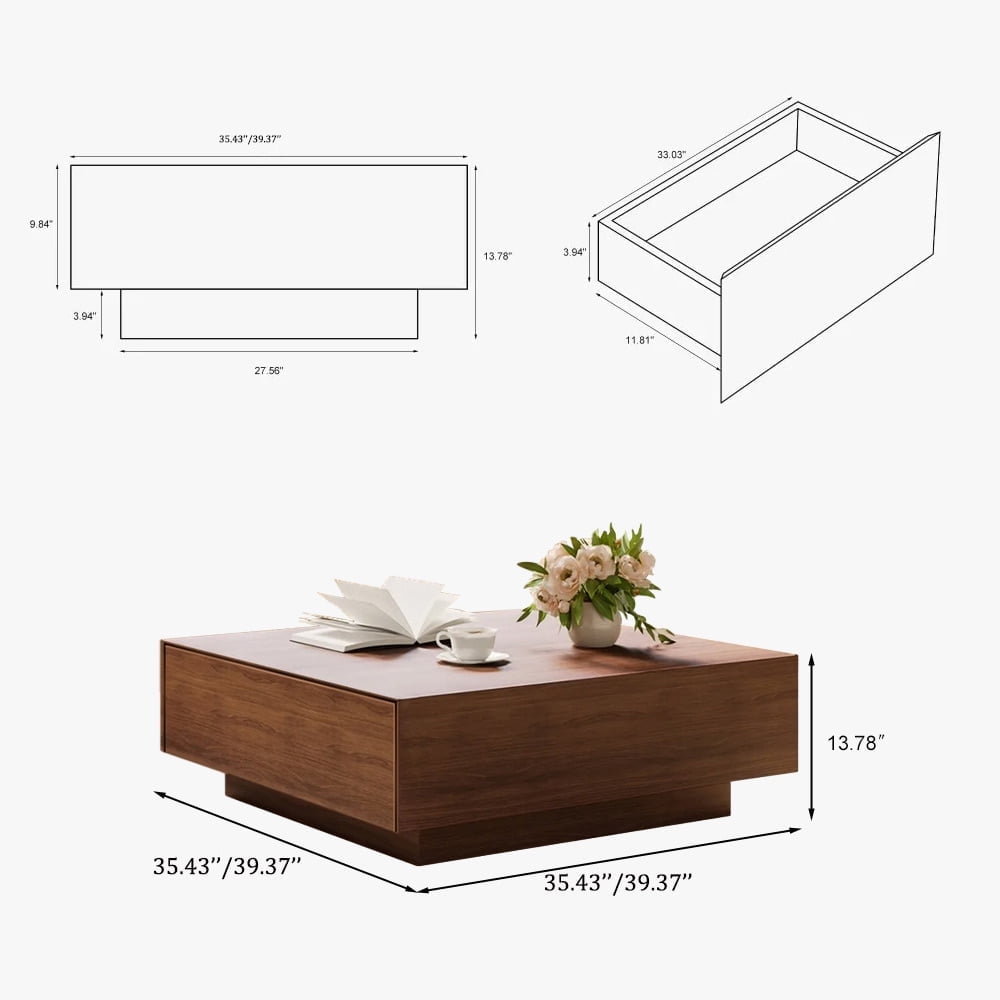 POVISON Mid Century Modern Coffee Table, Minimalist Wood Veneer Coffee Table with Storage for Living Room, Fully-assembled, 35.43'', Brown