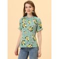 thumbnail image 3 of Blusas de mujer con volantes de manga corta floral con cuello simulado y volantes Verde grisáceo S, 3 of 5