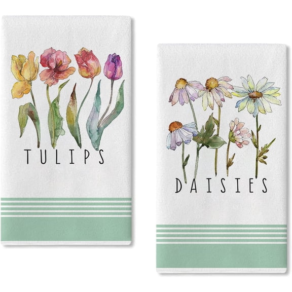 SPXUBZ Kitchen Towels, Green Spring Summer Tulip Daisy Towels for Home Kitchen Holiday Set of 2
