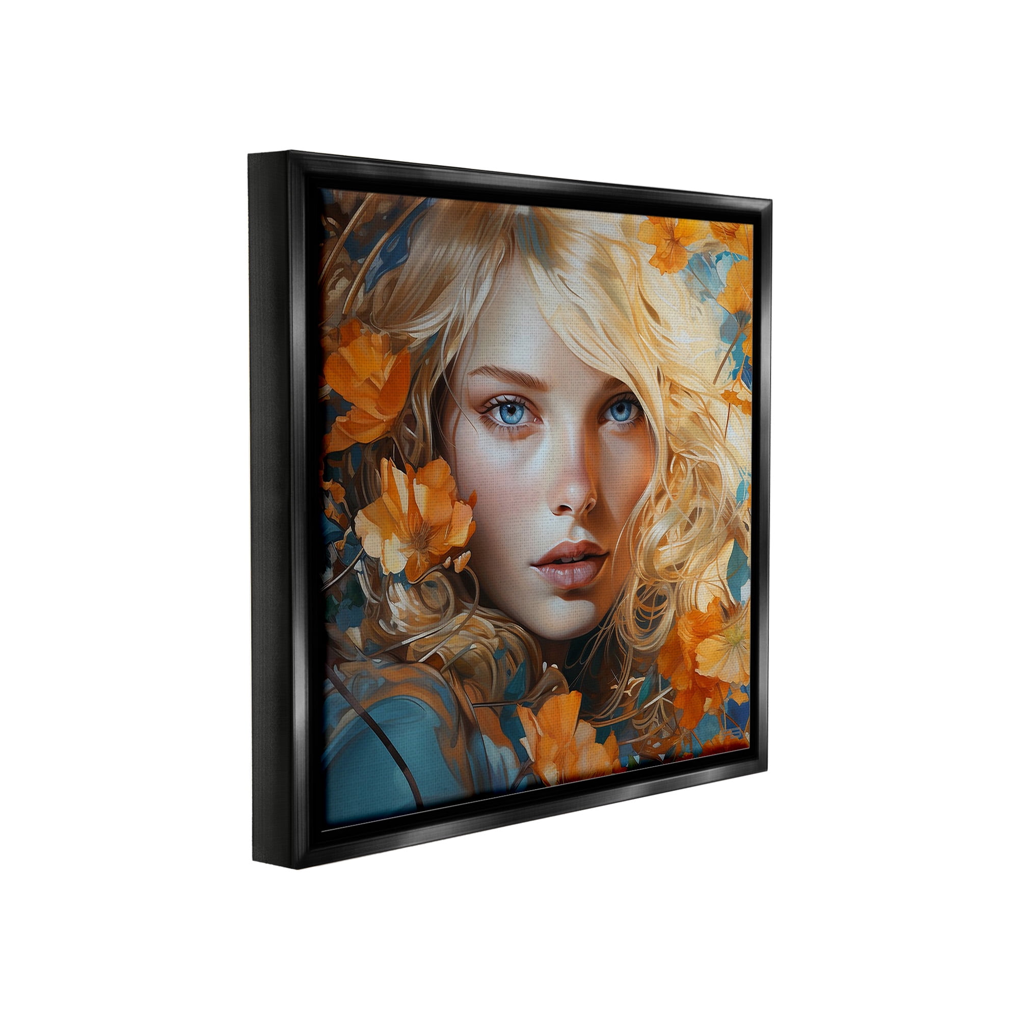 Stupell Industries Woman with Blue Gaze Botanical & Floral Painting Black Floater Framed Canvas Art Print Wall Art, 25 x 25