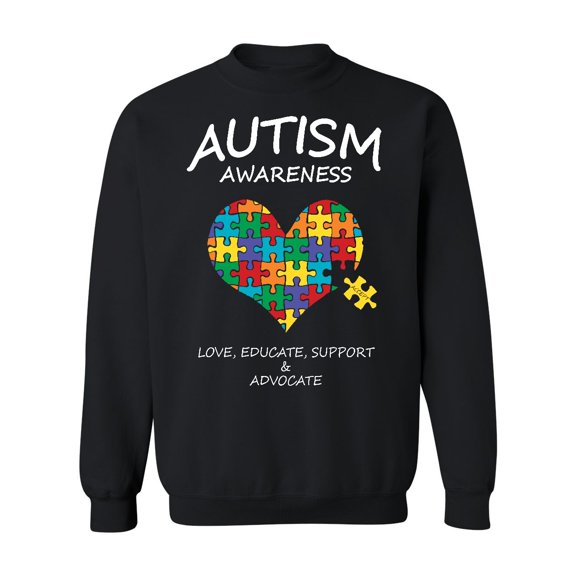 Autism Awareness Support Heart Puzzle Crewneck Sweatshirt, 2XL, Black (Multicolor)