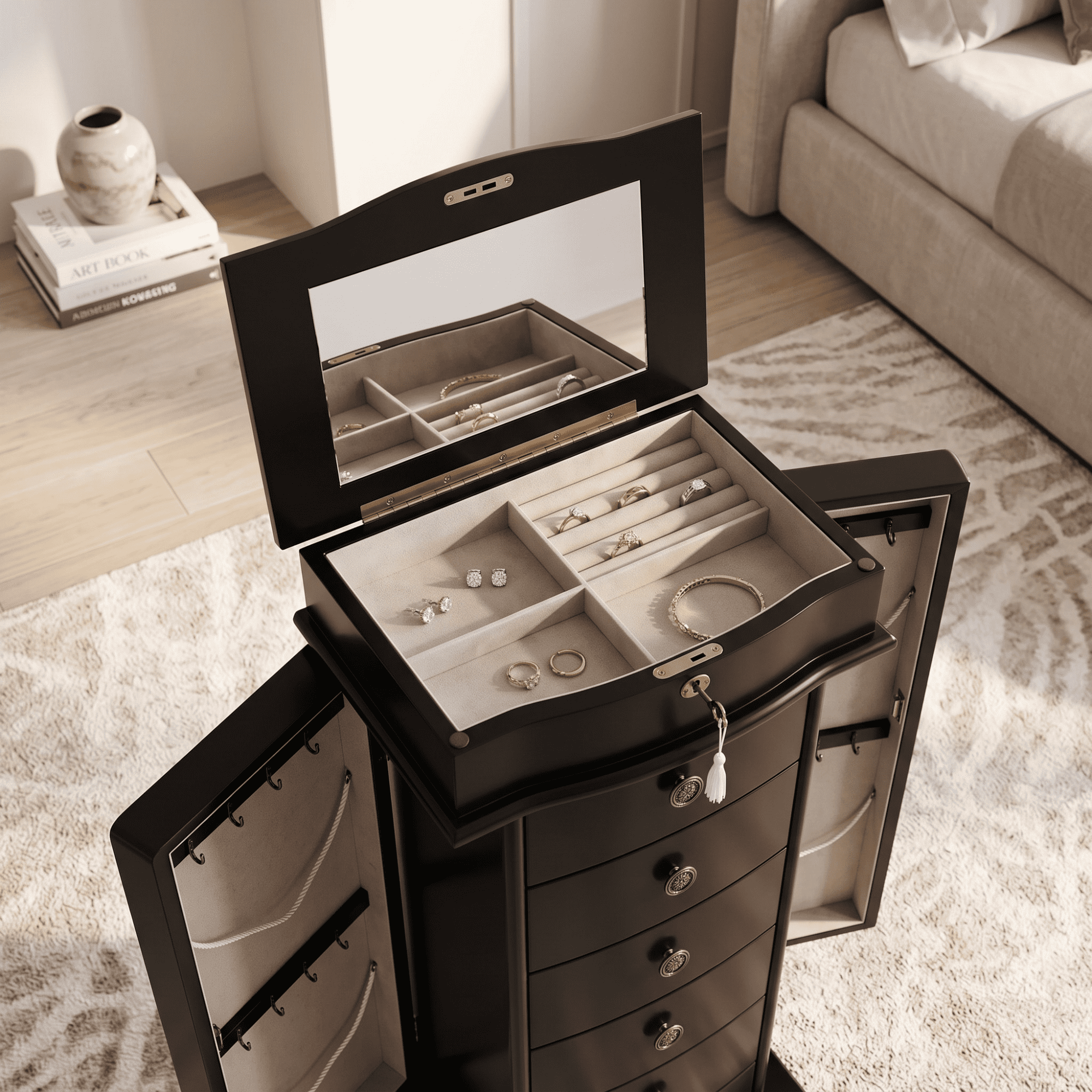 Hives and Honey Nora Traditional Jewelry Armoire with Locking Compartment and Ample Storage, Black