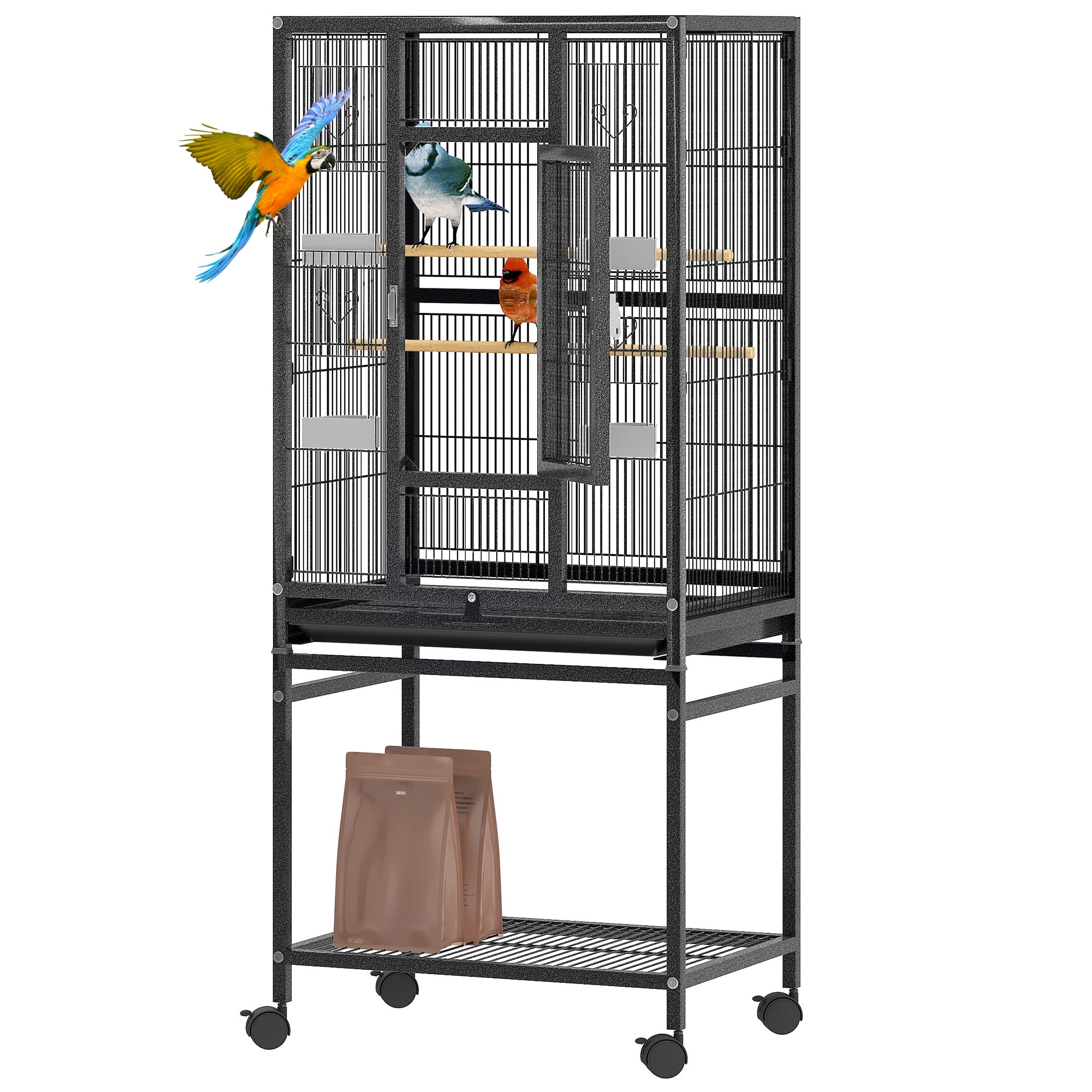 Uforic 53" Metal Bird cage with Rolling Stand, 2 Perches and 4 Feeders, Black