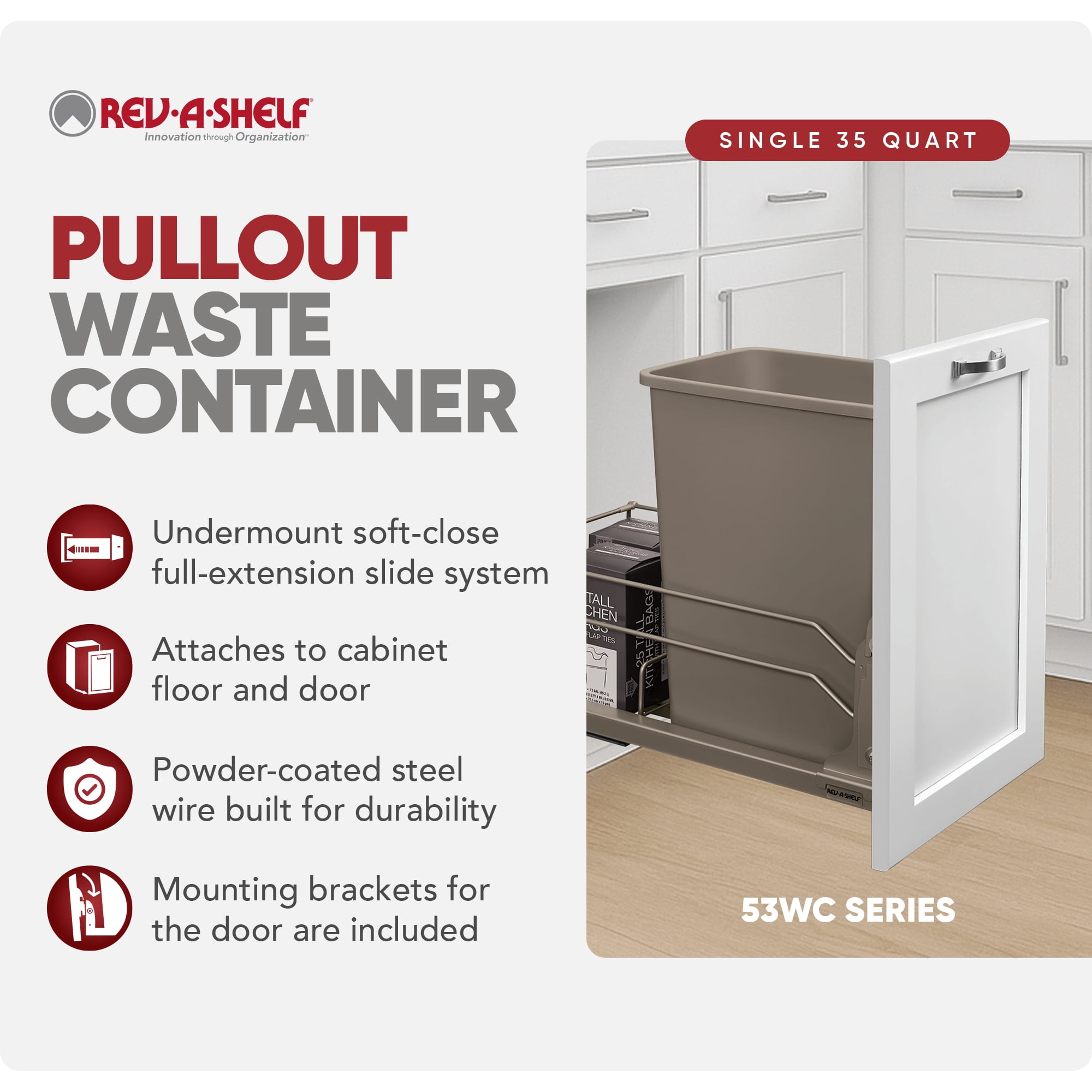 Rev-A-Shelf Pullout Kitchen Trash Can 35 qt. with Soft-close, 53WC-1535SCDM-112