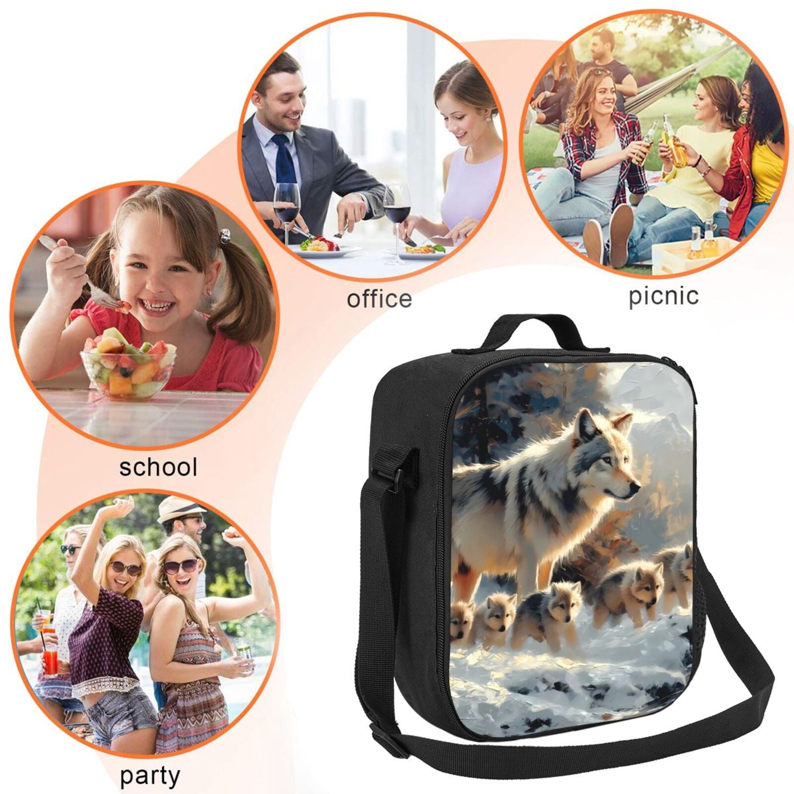 Defioc Wolf Family Winter Wonderland Print Lunch Box for Men & Women, Insulated Lunch Bag Thickened Thermal Leakproof Lunch Tote Bag for Adult Office Travel Picnic