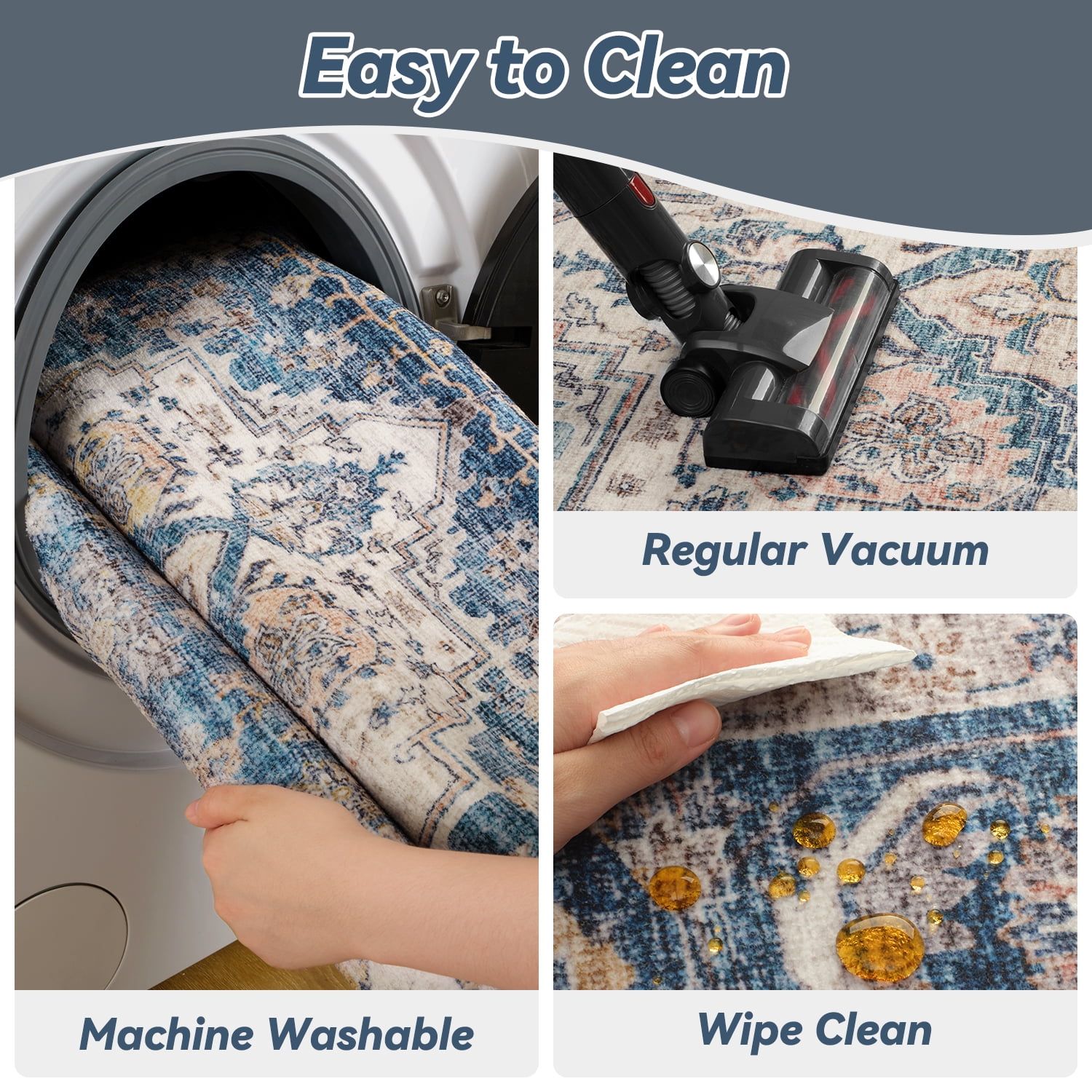 FEELHOME 2'x3' Area Rug Machine Washable Soft Vintage Distressed Non Slip Carpet for Living Room Bedroom Dining Room Blue