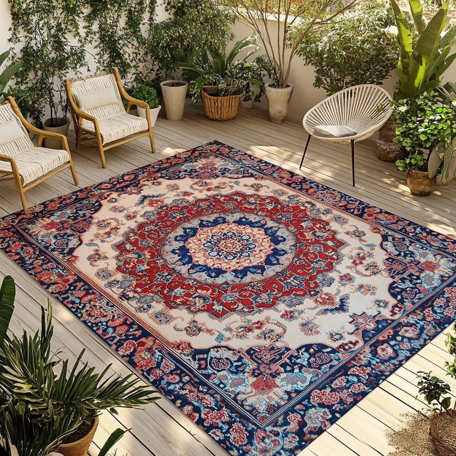 Outdoor Rug 5x8ft Oriental Medallion Large Area Rug Retro Accent Indoor Outdoor Carpet Outdoor Rugs Mats for Patio Camping,RV,Front Door, Outside Decor