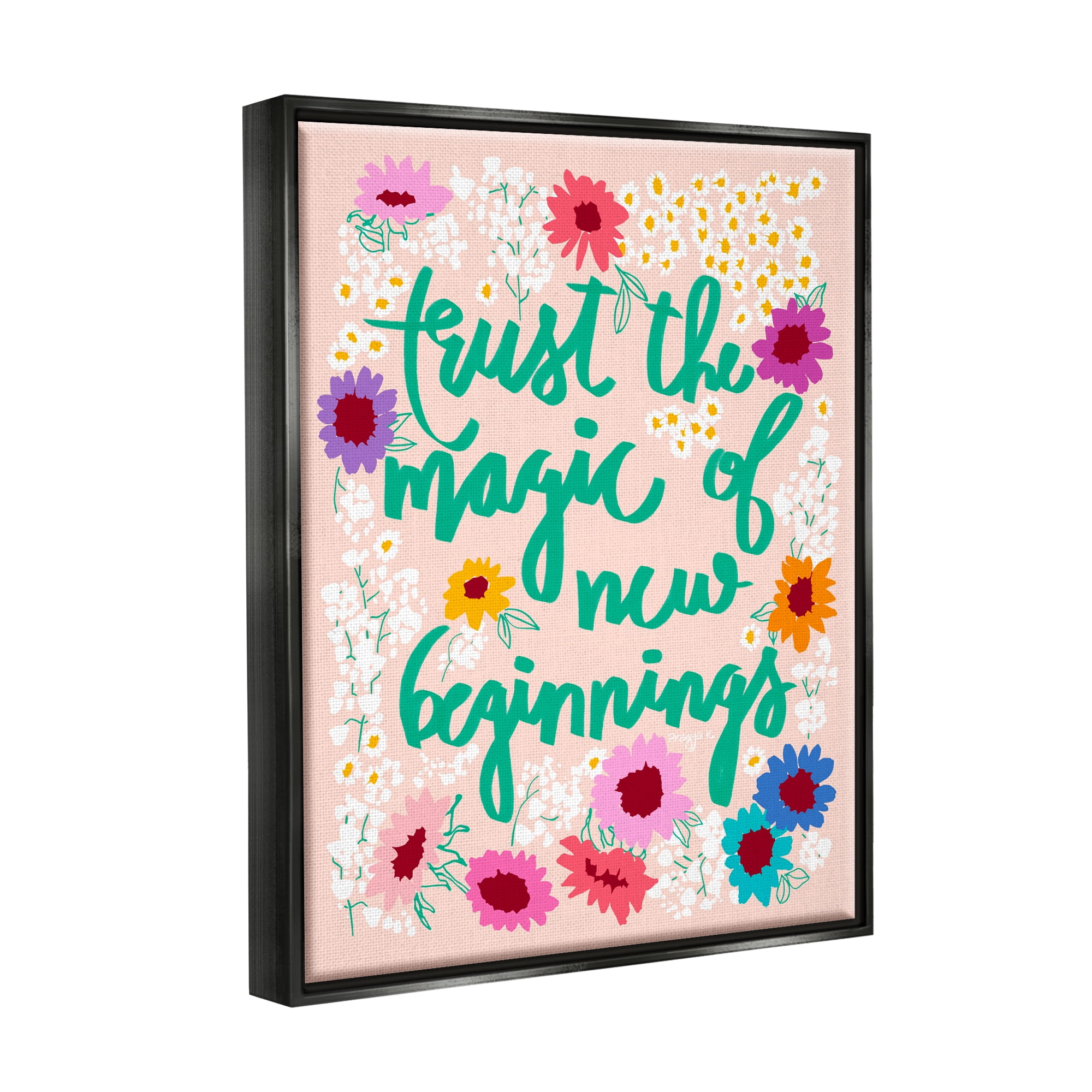 Stupell Industries New Beginnings Phrase Botanical & Floral Painting Black Floater Framed Canvas Art Print Wall Art, 25 x 31