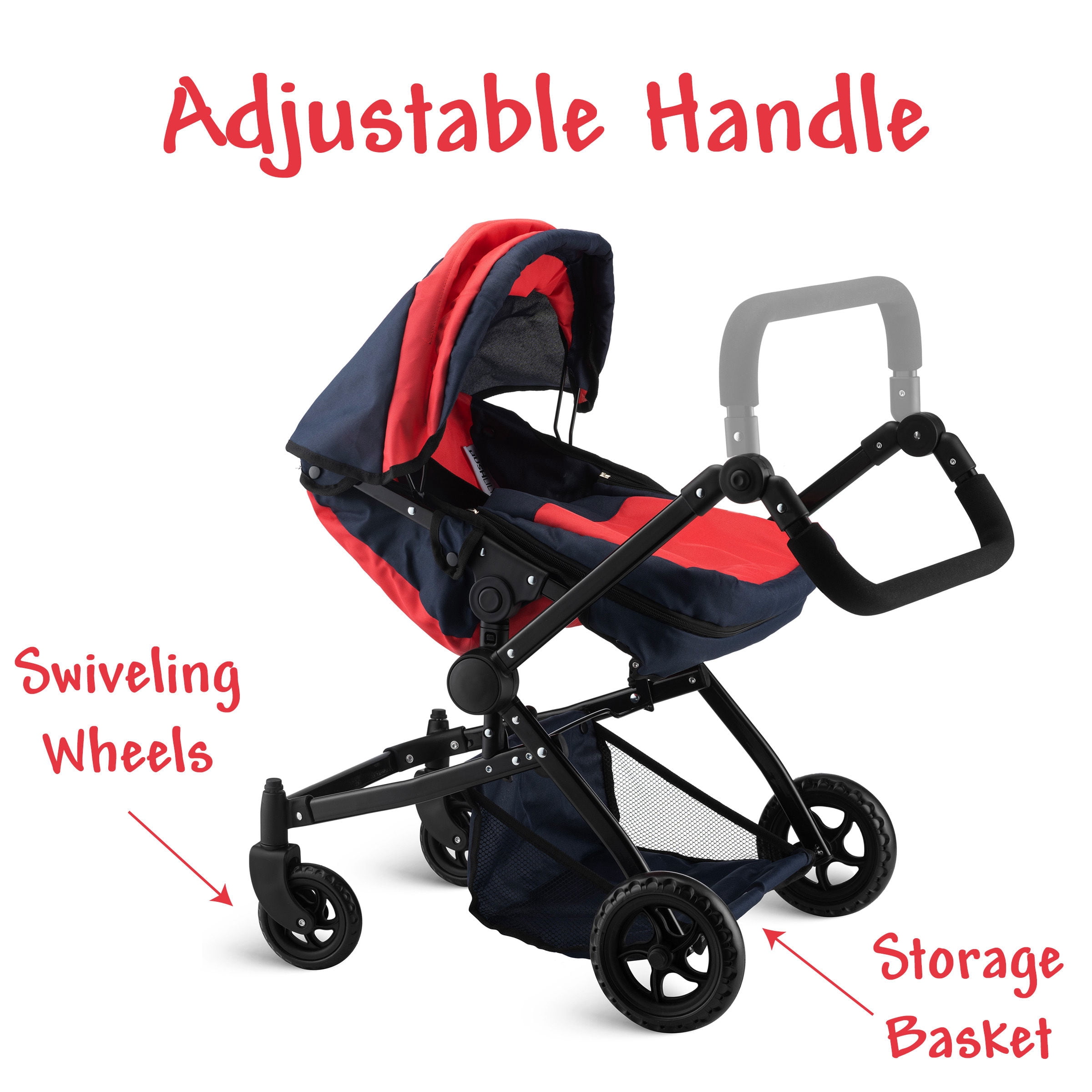 HUSHLILY - Reversible Double Doll Luxury Stroller with Adjustable Canopy & Basket (Red & Denim Blue)