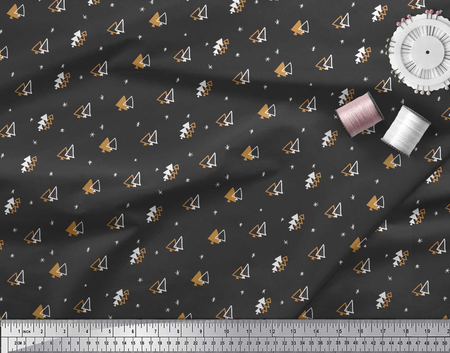 Soimoi Black Poly Georgette Fabric Tree Christmas Printed Fabric 1 Yard 42 Inch Wide