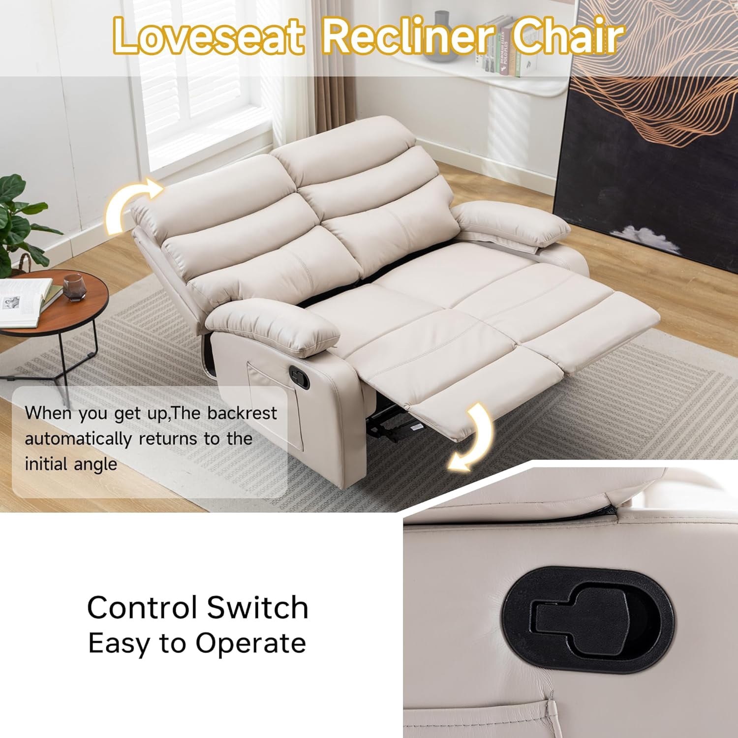Chizzysit Loveseat Recliner Chair, Leather Double Reclining Chairs for Adults ,Love Seat Couches Sofa for Small Spaces Living Room, RV, Home Theater - Beige