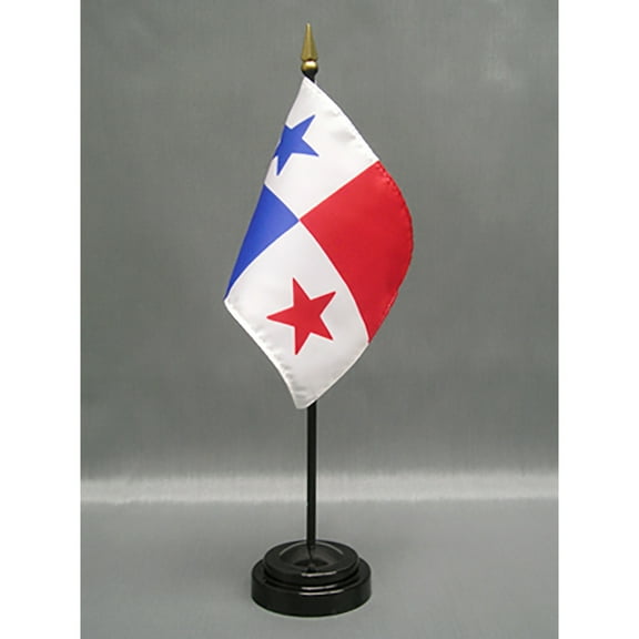 Made in The USA. 2 Panama Rayon 4"x6" Miniature Office Desk & Little Hand Waving Table Flags Includes 2 Flag Stands & 2 Small Mini Panamanian Stick Flags, Also Includes Panama Flag Lapel Pin.