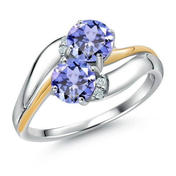 Gem Stone King 925 Sterling Silver and 10K Yellow Gold Blue Tanzanite 5MM Round 2 Stone and White Lab Grown Diamond Accent Ring for Women (0.95 Cttw, Gemstone December Birthstone, Size 6)