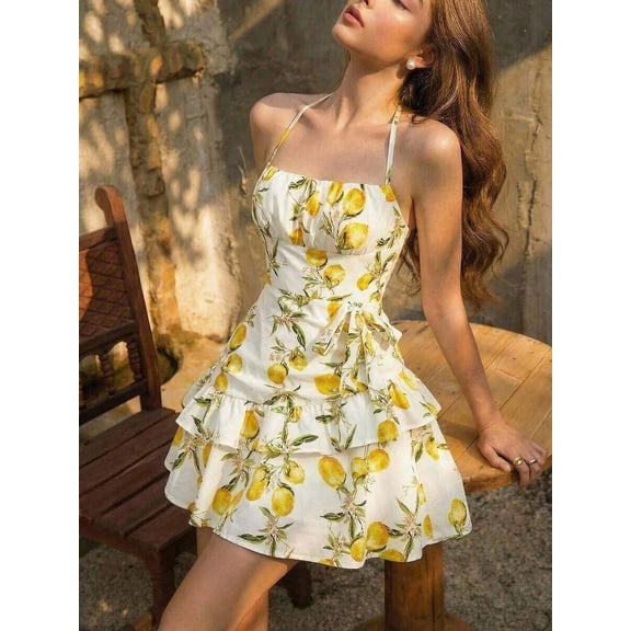 Multicolor 2 Lemon Print Ruffle Halter Dress With Tie Waist And Tiered