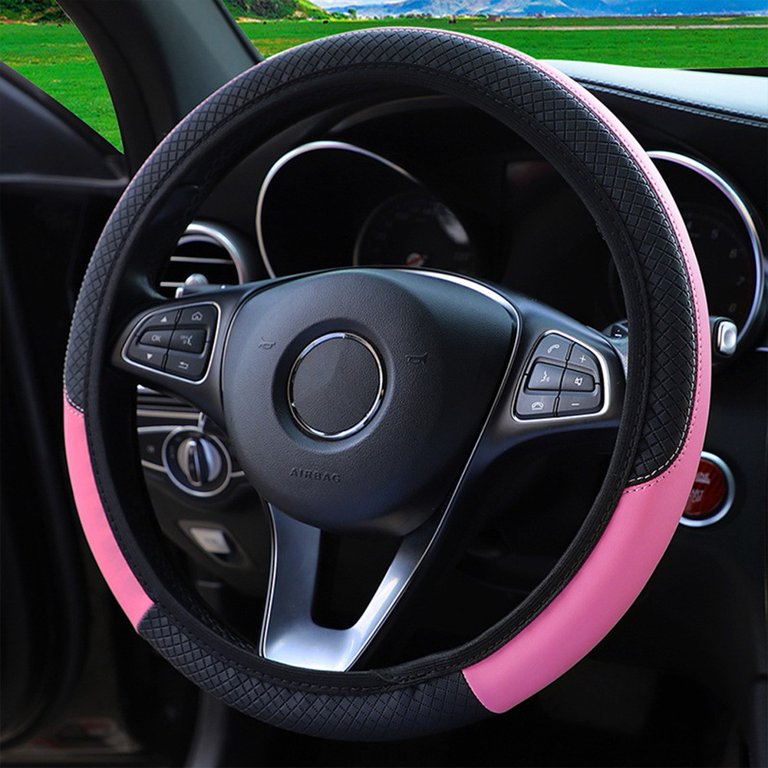 Universal 15" Leather Steering Wheel Cover - Anti-Slip, Black/Red - Fits 14.5" To 15.5" Wheels - 1 Year Warranty