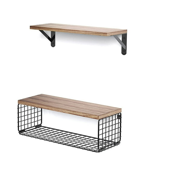 16" Wall-Mounted Floating Shelves W/Triangle Bracket & Frame, Rustic Decor Set of 2 1 Natural Burnt Wood Storage Shelf for Livingroom Kitchen Bedroom, Bathroom Shelves Over The Toilet