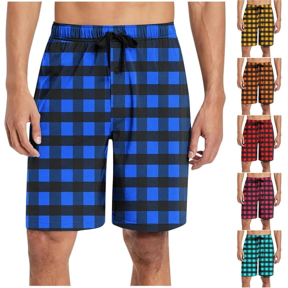 Men's Pajama Shorts Loose Fit Elastic Waist Drawstring Baggy Plaid Printed Casual Beach Yoga Knee Length Shorts with Pockets M-3XL Yellow XL(XL)