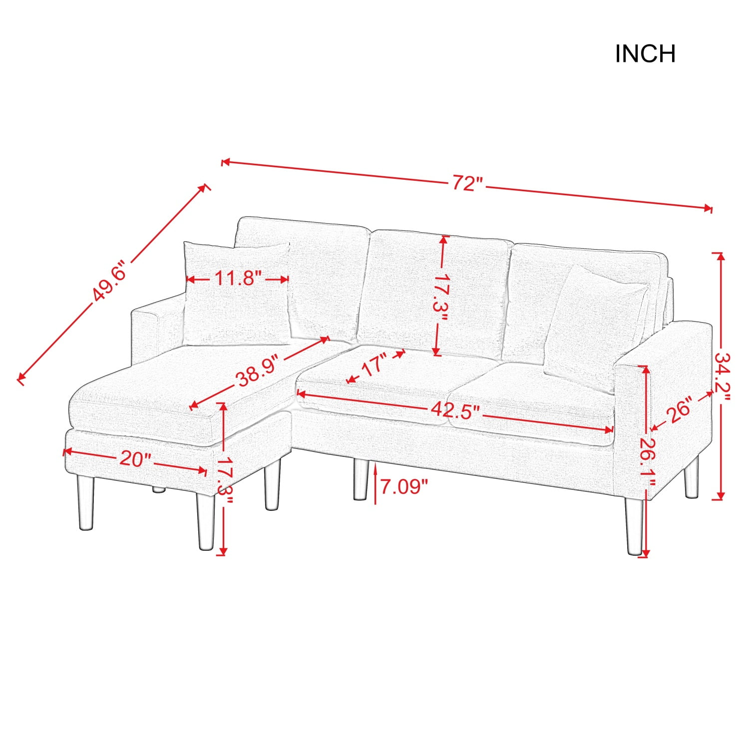 Kadyn 72" Sectional Sofa, L-Shaped Sofa with 2 Pillows, Fabric 3-Seat Sofa for Living Room, Dark Grey