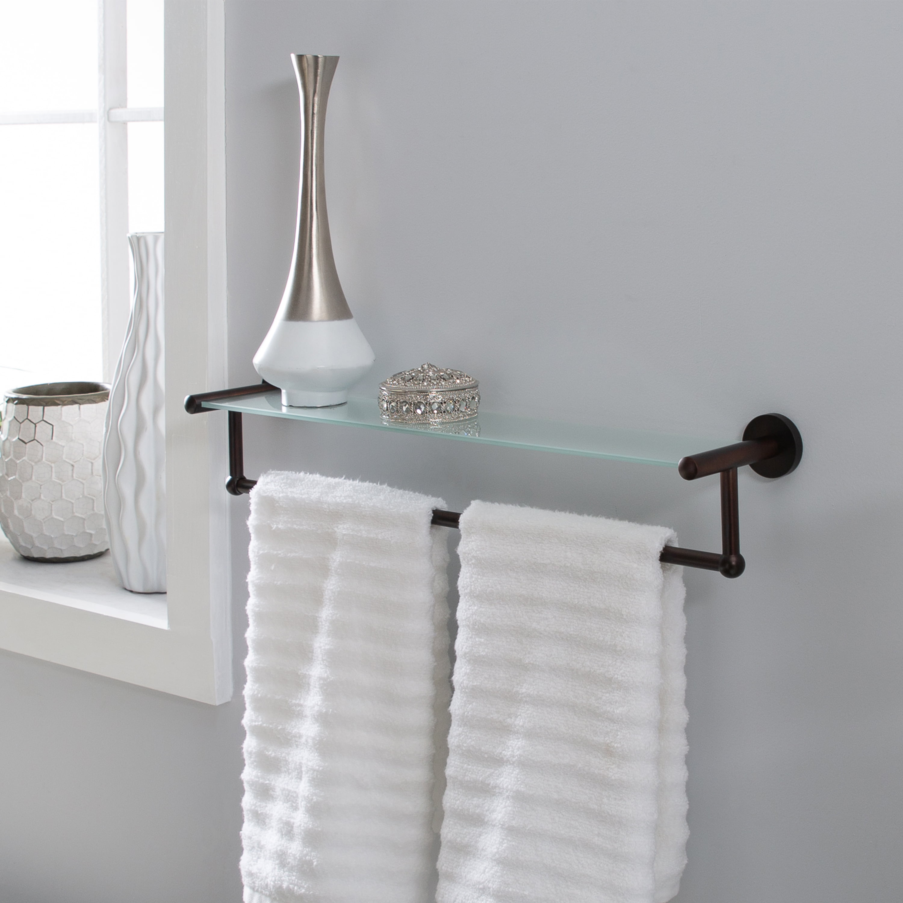 Organize It All Satin Nickel Glass Shelf with Towel Bar 