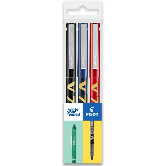 Pilot V7 Hi-Tecpoint Rollerball Pen - Liquid Ink - Medium 0.7mm Nib - Wallet of 3 - Black, Blue, Red