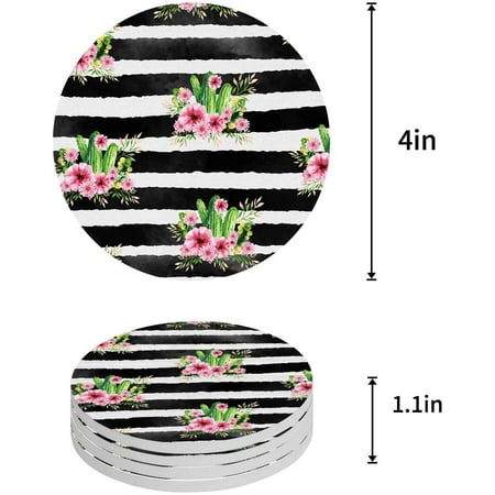 

KXMDXA Cactus Black and White Stripe Set of 4 Round Coaster for Drinks Absorbent Ceramic Stone Coasters Cup Mat with Cork Base for Home Kitchen Room Coffee Table Bar Decor