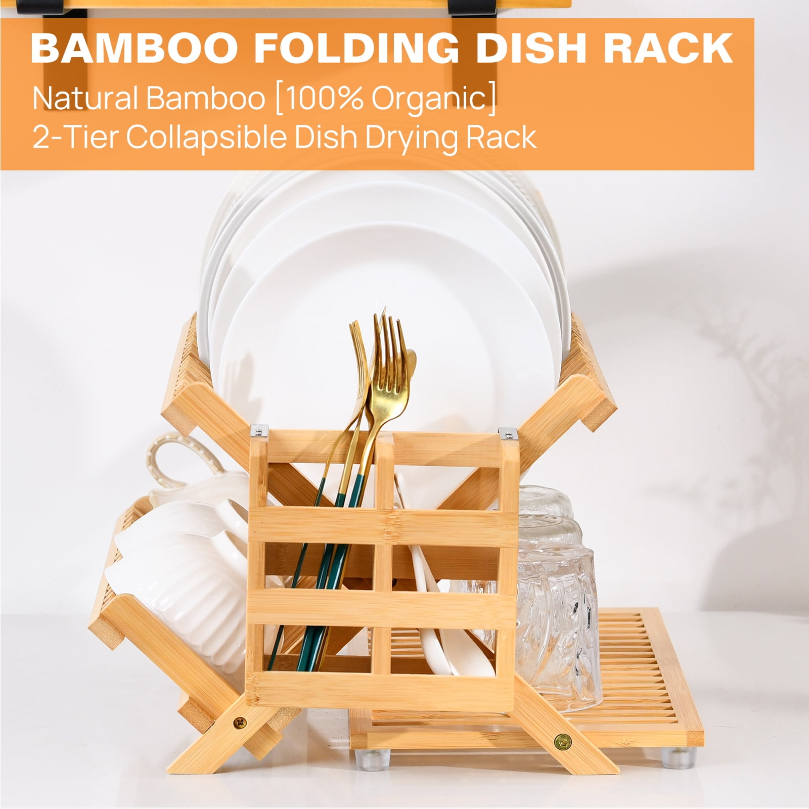 3-Tier Foldable Bamboo Dish Rack with Utensil Holder, Space-Saving Drying Organizer for Small& Apartments