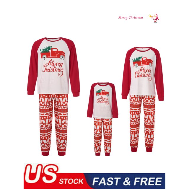 Pyjamas de Noël Assortis pour la Famille, Tenue Parent-Enfant, Imprimé Lettres Rouges, Hauts à Manches Longues avec Elfes, Ensemble de Pyjamas Joyeux Noël
