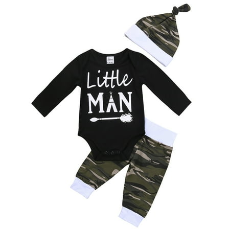 

Newborn Baby Boy Girl Clothes The Adventure Begins Letter Print Romper Bodysuit and Long Pants Hat 3PCS Outfits Set