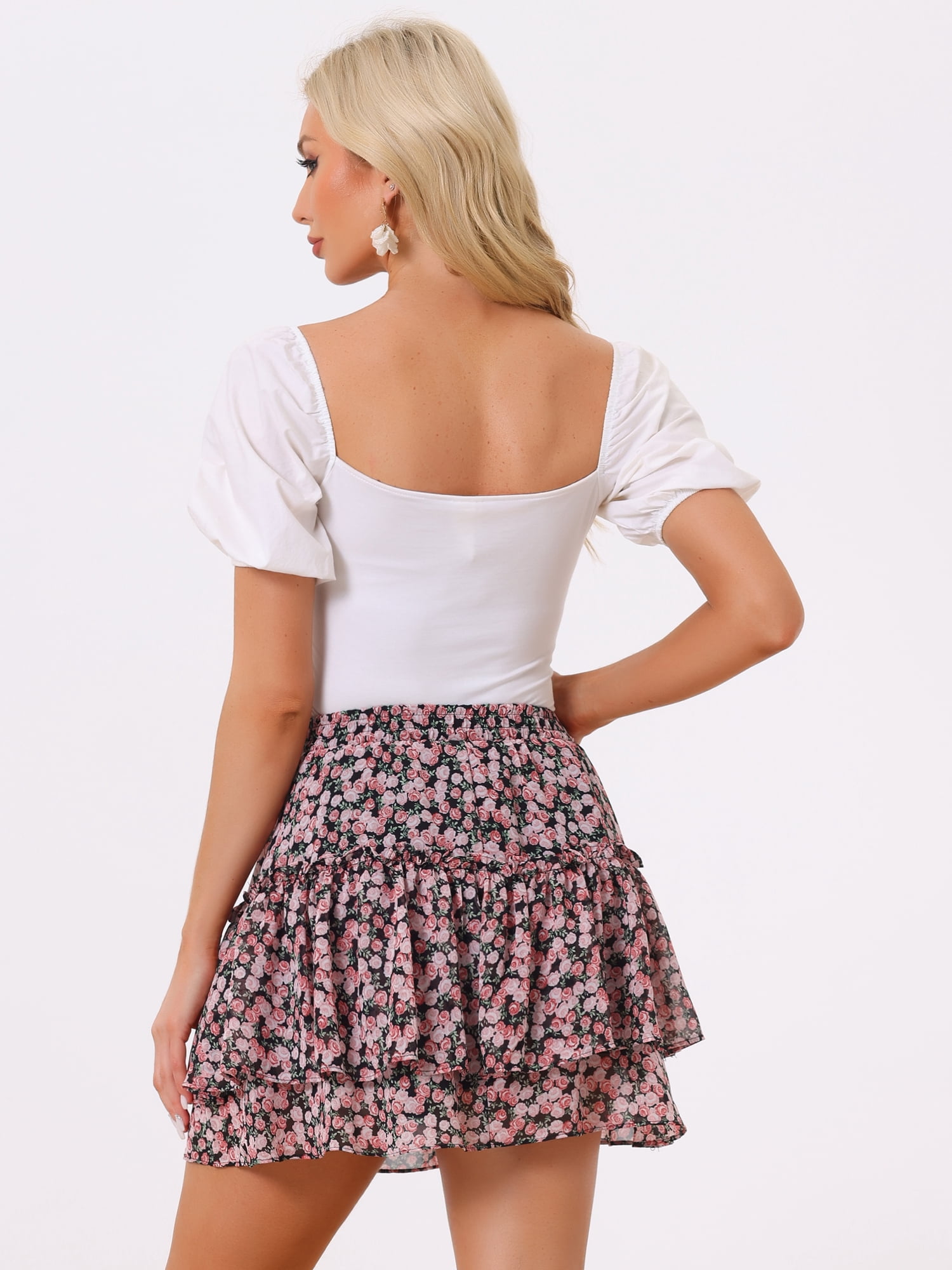 DARING DIVA Women's Elastic Waist Layer Ruffle A-Line Skirt S Black Pink