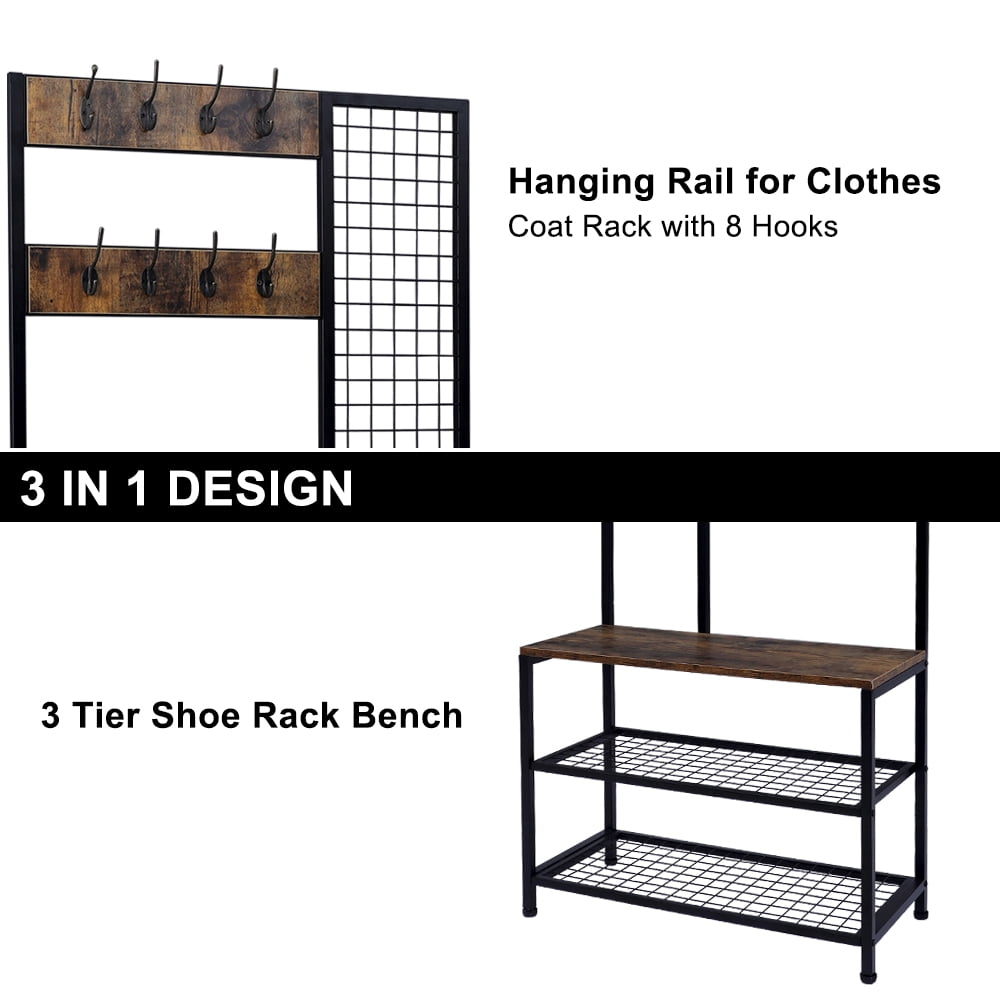Kepooman 3-in-1 Vintage Hall Tree Shelf with Storage Bench and Coat Racks for Entryway, Rustic Brown Kepooman 3-in-1 Vintage Hall Tree Shelf with Storage Bench and Coat Racks for Entryway, Rustic Brown