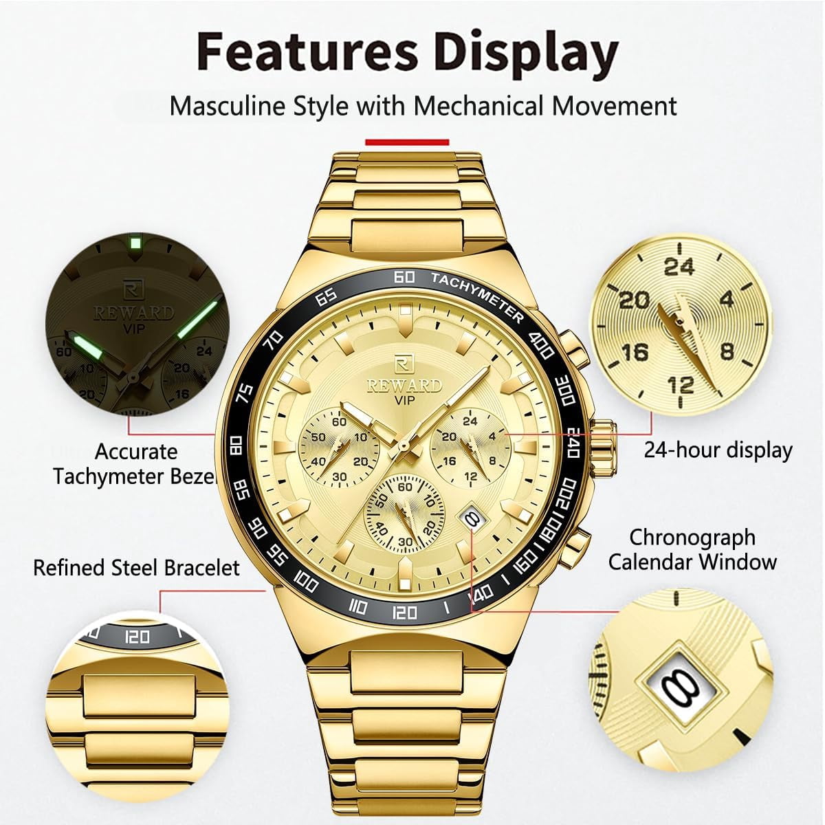2025 New Design REWARD VIP Business Watches for Men Stainless Quartz Wristwatches Chronograph Luminous Sport Wrist Watch