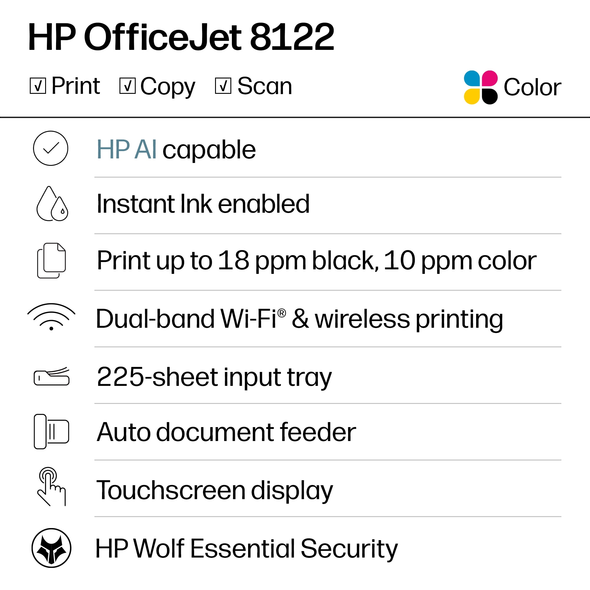 HP OfficeJet 8122 Wireless All-in-One Color Inkjet Printer, Scanner, Copier, 3 Mos Free Instant Ink