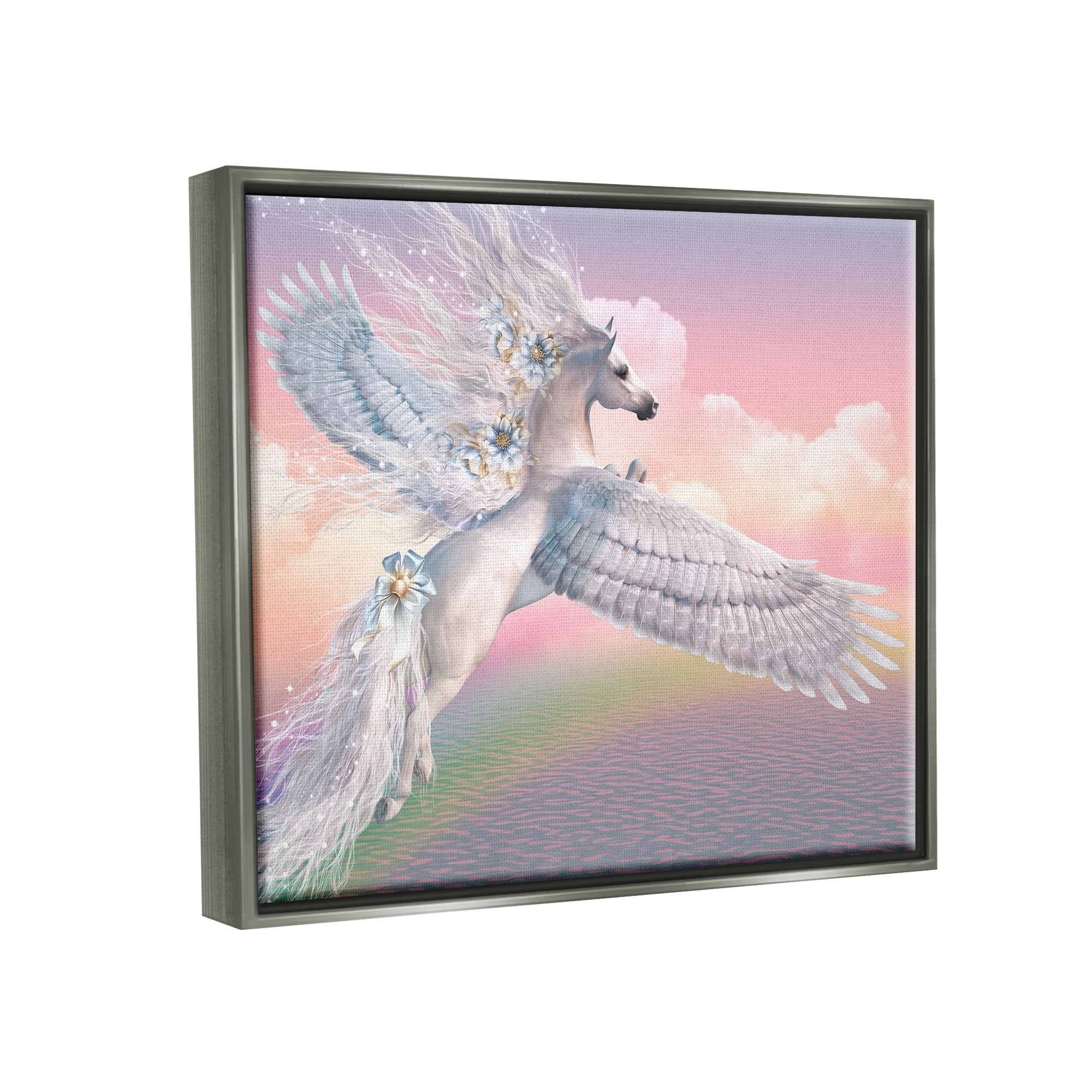 Stupell Industries Unicorn Over the Rainbow Fairy Tales & Fantasy Painting Gray Floater Framed Canvas Art Print Wall Art, 21 x 17