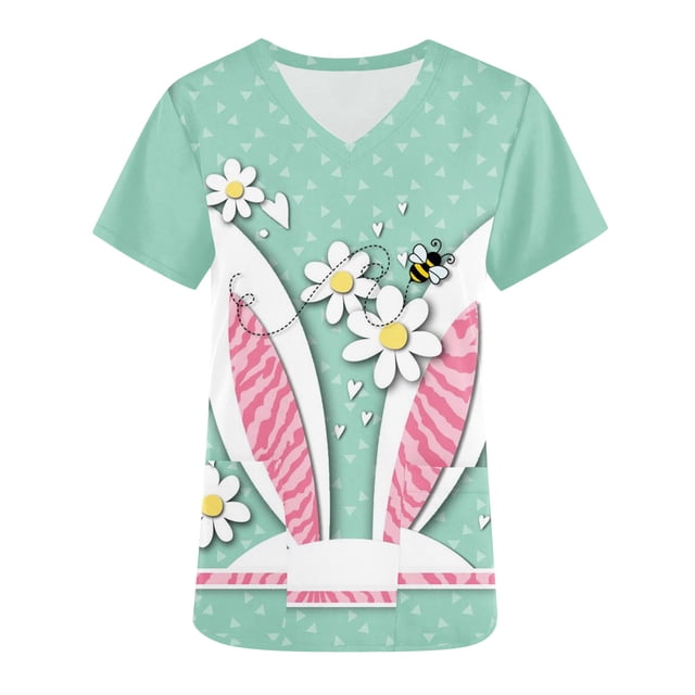 RKSTN Womens Scrub Tops Short Sleeve V-neck Plus Size Tops Bunny Easter Print Comfortable Soft Working Uniform Tops with Pockets