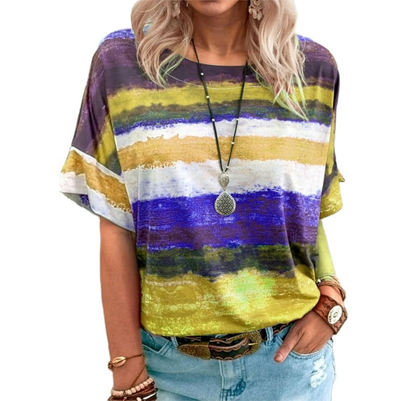Ladies Tunic Top For Women's Casual Cute Shirts Tie-Dye Gradient Print Tops Basic Short Sleeve Striped Color Block Round Neck Pullover Blouse