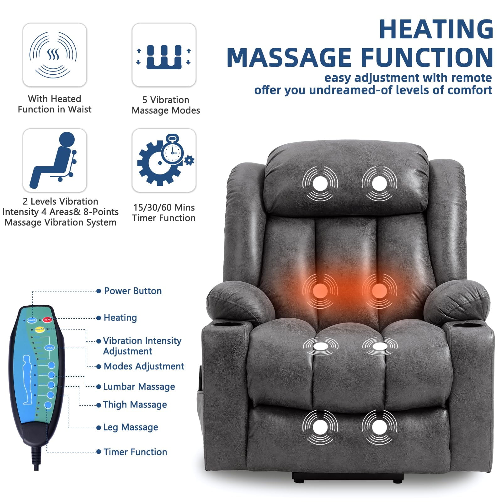 SOCIALCOMFY Large Electric Power Lift Recliner Chair with Extended Footrest for Elderly Big Man, Overstuffed Wide Massage Lounge Chairs with Heat, 2 Cup Holders, Side Pockets & USB Ports, Gray