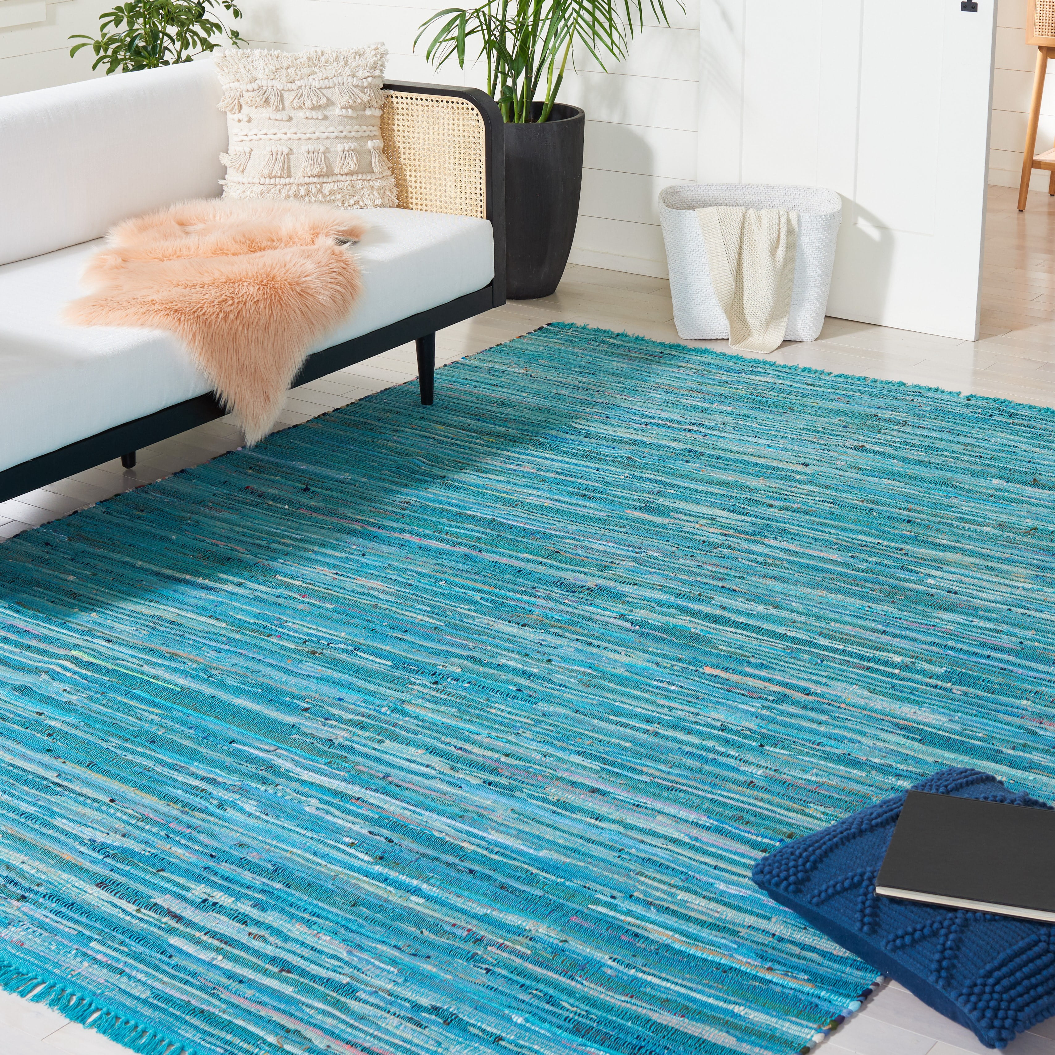 SAFAVIEH Rag Robynne Striped Cotton Area Rug, Blue/Multi, 8' x 8' Square